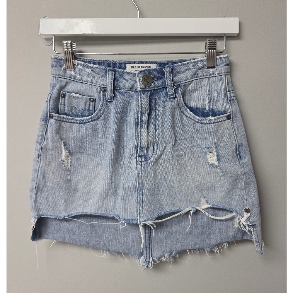 One Teaspoon 2020 Denim Skirt Womens 22 Blue Distressed Raw Hem High Low Grunge